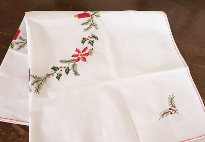 ハンガリー　クロスステッチ刺繍のクロス　キャンドルとポインセチアを開く